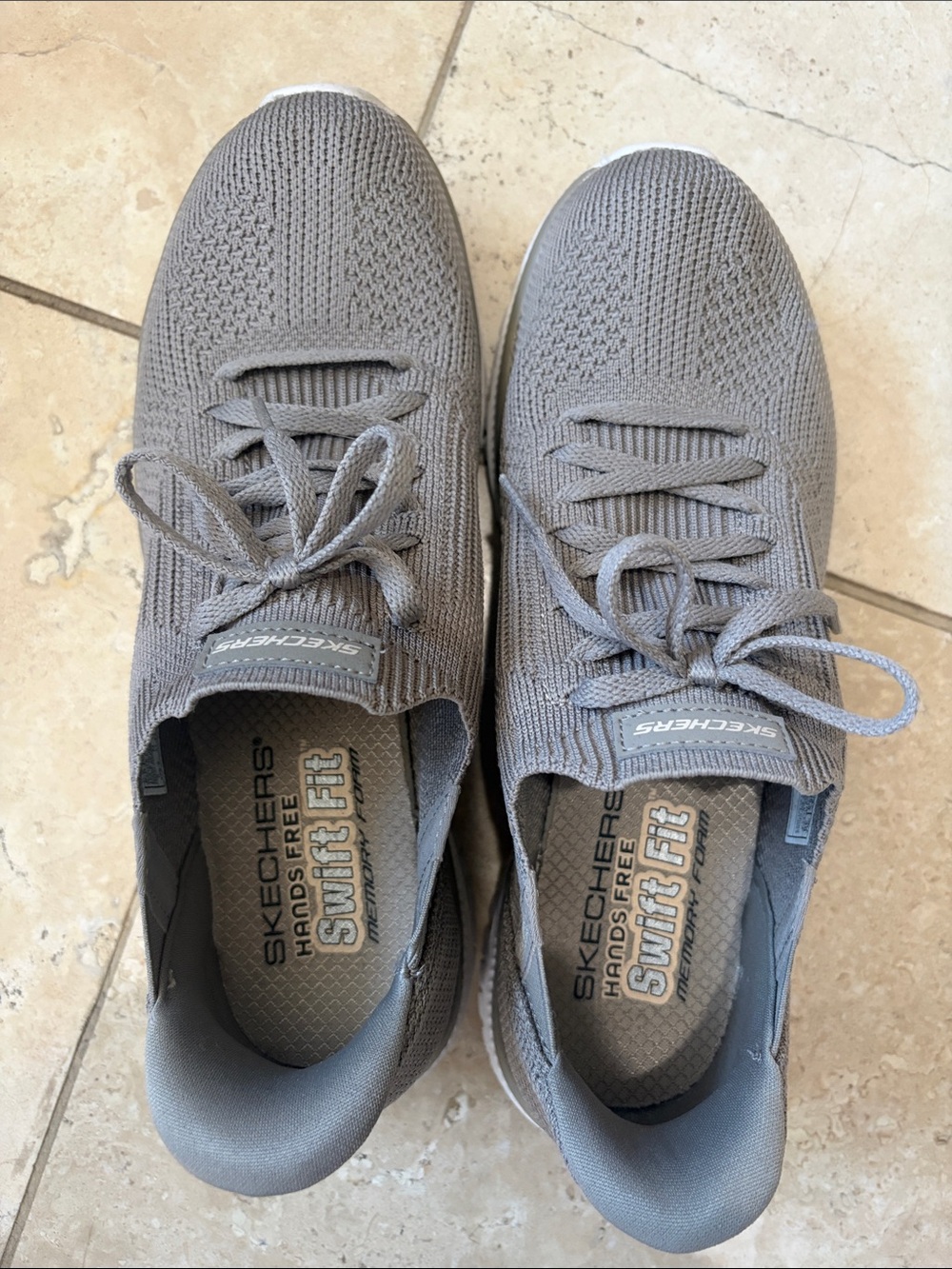 Skechers Women’s Hands Free Sneakers Shoes Taupe with faux Laces